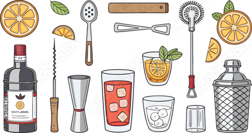 food and drink Colorful flat Icon Set of Mixology and Home Bartending Tools on White Background.