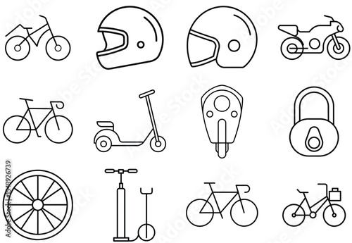 Collection of line icons for bikes scooters motorcycles and helmets isolated on white background