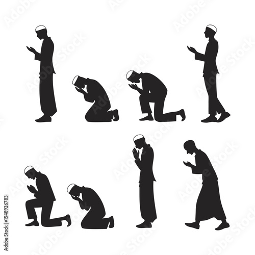 Islamic Prayer: A stylized illustration depicting a Muslim man engaged in the sacred act of prayer. The monochrome silhouette captures reverence and devotion.