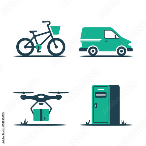 Teal and Dark Blue Delivery Methods Icons Bicycle Van Drone Mailbox Package Delivery System Illustration
