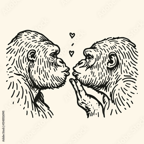 Gorilla couple Blowing kisses to each other. Valentine Love Romance Cupid February Clipart Line Art Vector Illustration. Ape pair sending affection signal mate theme animal kinship.