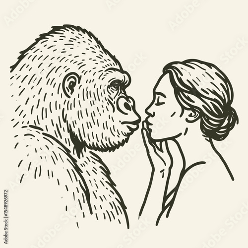 Gorilla couple Blowing kisses to each other. Valentine Love Romance Cupid February Clipart Line Art Vector Illustration. Ape duo sending affection toward one another primate pair giving.