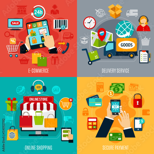 icons of several branches of e-commerce such as delivery service, secure payment, online shopping
