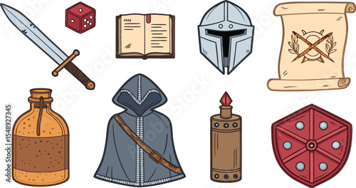 set of different objects and tools colorful Flat Icon Set of LARP Live Action Role Playing Hobby Elements on White Background.
