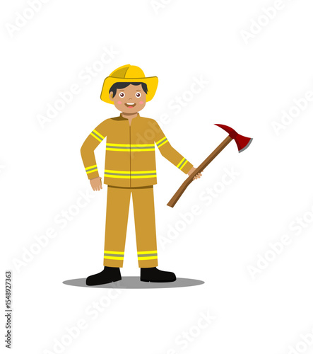 Fire fighter hold an axe, isolated on white background