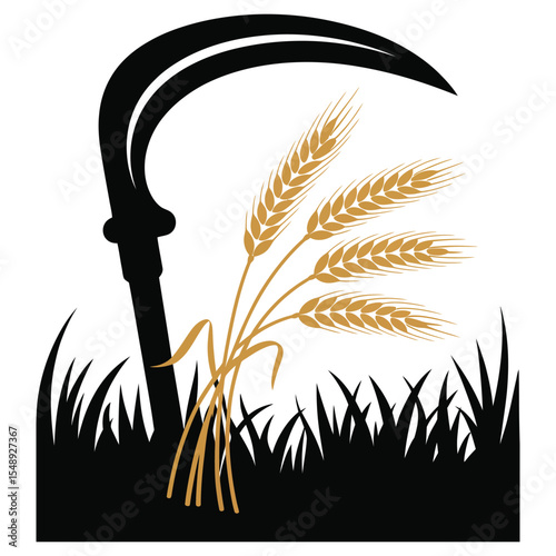 Wheat stalks and sickle silhouette vector for harvest tool set on isolated black and white background