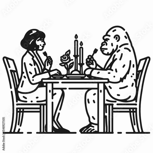 Gorilla couple Candlelit Dinner. Valentine Love Romance Cupid February Clipart Line Art Vector Illustration. Ape pair evening meal with burning wax light romantic primate dating.