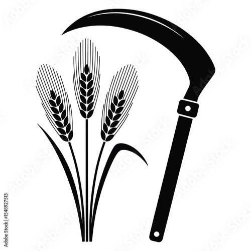 Wheat stalks and sickle silhouette vector for harvest tool set on isolated black and white background