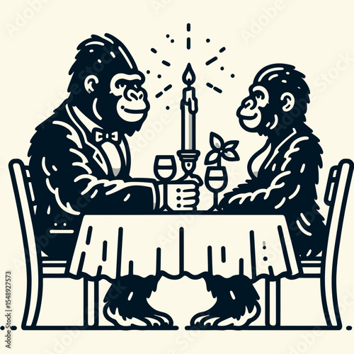 Gorilla couple Candlelit Dinner. Valentine Love Romance Cupid February Clipart Line Art Vector Illustration. Ape pair romantic supper flame lit feast primate duo nighttime meal.