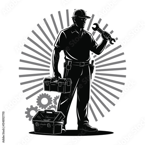 Worker with wrench and toolbox silhouette vector for labor hero on isolated black and white background