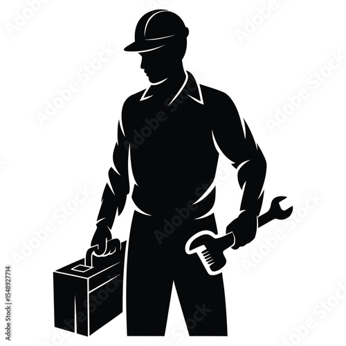 Worker with wrench and toolbox silhouette vector for labor hero on isolated black and white background