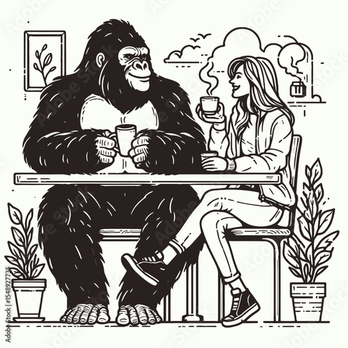 Gorilla couple Casual Coffee Date in cafe. Valentine Love Romance Cupid February Clipart Line Art Vector Illustration. Primate pair laid-back java meeting at eating place for beverage time.