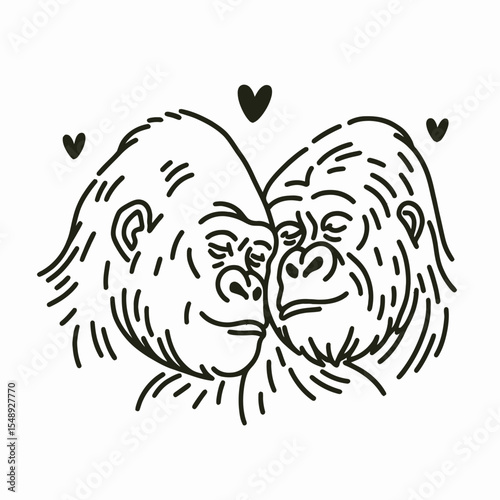Gorilla couple Cheek to Cheek. Valentine Love Romance Cupid February Clipart Line Art Vector Illustration. Ape pair face face a loving primate bond nature wildlife closeup.