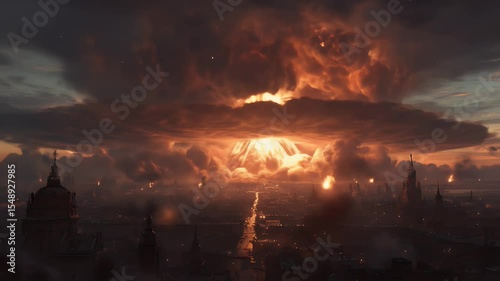 Dramatic Skyline With an Atomic Explosion in the Cloudy Orange Sky above a Dark Futuristic Metropolis During Sunset With Silhouette Buildings