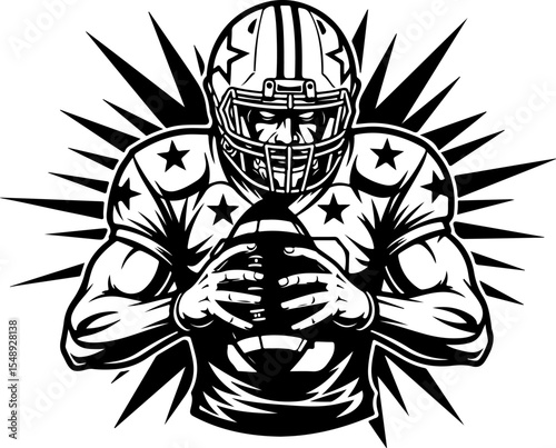 A stylized, black and white graphic illustration of a football player, poised with the ball clutched in his hands.