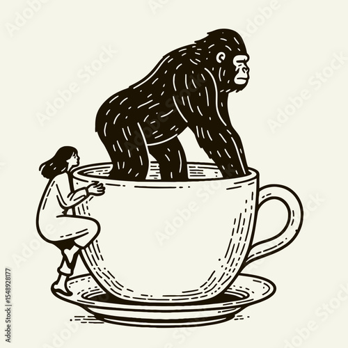 Gorilla couple climbing out of giant coffee mug. Valentine Love Romance Cupid February Clipart Line Art Vector Illustration. Primate pair exiting large beverage container a comical animal.