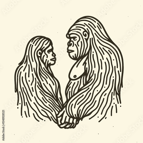 Gorilla couple close Holding Hands. Valentine Love Romance Cupid February Clipart Line Art Vector Illustration. Primate duo intimate grip paw animal bond affection togetherness wildlife.