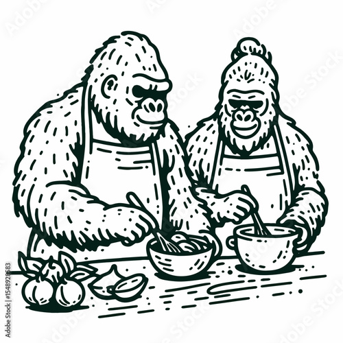 Gorilla couple Cooking together. Valentine Love Romance Cupid February Clipart Line Art Vector Illustration. Ape pair preparing food shared kitchen time primate duo at culinary job.
