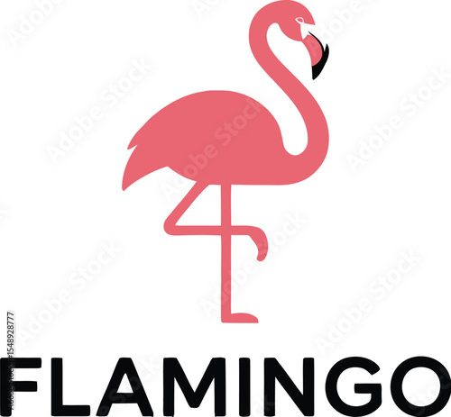 A stylized flamingo illustration standing on one leg with the word flamingo underneath it on white