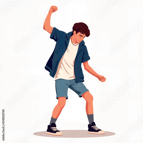 Energetic boy dancing in streetwear, celebration of youth
