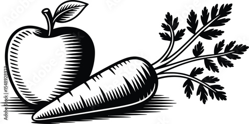 A black and white illustration of an apple and a carrot with detailed shading on a white background