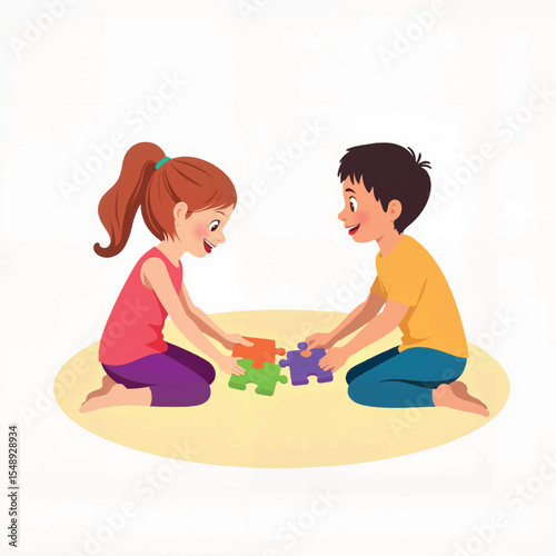 Happy children solving a puzzle on the floor, teamwork and strategy