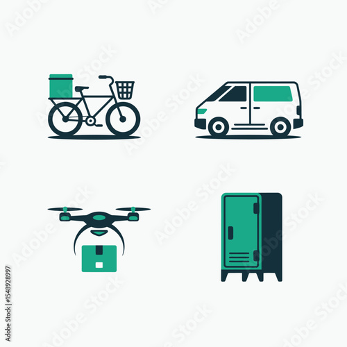 Teal and Dark Teal Delivery Methods Icons Set Bicycle Van Drone Locker Package Transportation Graphic Design Elements