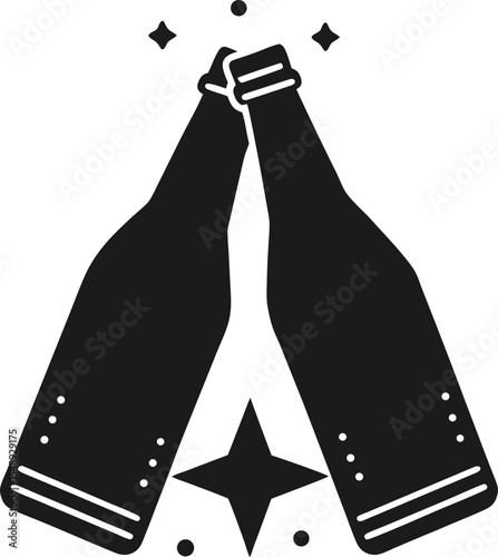 Two beer bottles clinking with stars and dots in black vector