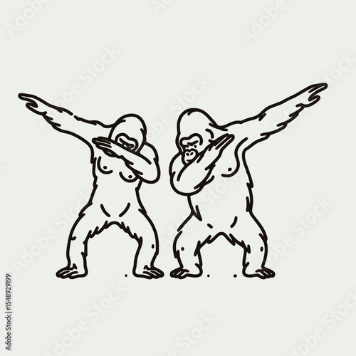 Gorilla couple dabbing. Valentine Love Romance Cupid February Clipart Line Art Vector Illustration. Ape pair doing a hip hop move jungle animal performing funky action.