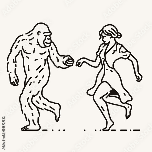 Gorilla couple Dancing Together. Valentine Love Romance Cupid February Clipart Line Art Vector Illustration. Ape pair doing a joyful jig primal primate partner having fun.
