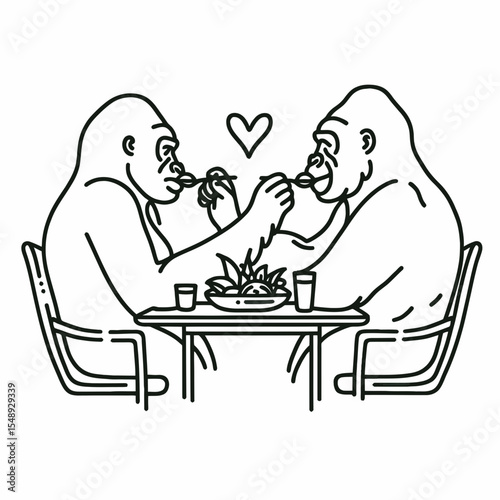 Gorilla couple dinner Feeding Each Other. Valentine Love Romance Cupid February Clipart Line Art Vector Illustration. Ape duo mealtime sharing food primate pair eats providing nourishment.