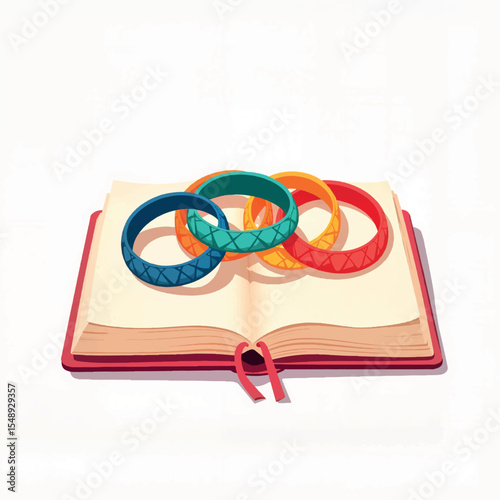 Colorful bracelets on open notebook, creative inspiration