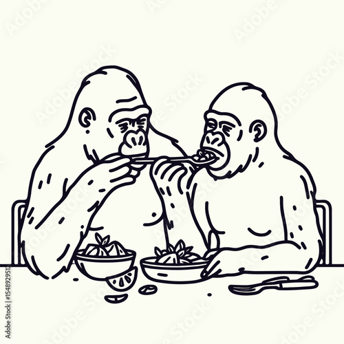 Gorilla couple dinner Feeding Each Other. Valentine Love Romance Cupid February Clipart Line Art Vector Illustration. Ape pair mealtime sharing nourishment mutual primate eating occasion.