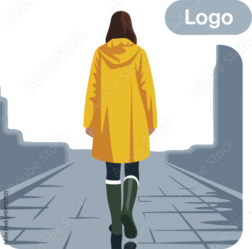 A woman in a yellow raincoat walking down a city street with buildings and a logo in the background