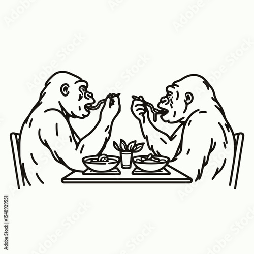 Gorilla couple dinner Feeding Each Other. Valentine Love Romance Cupid February Clipart Line Art Vector Illustration. Ape pair meal sharing nourishment a primate duo having supper together.