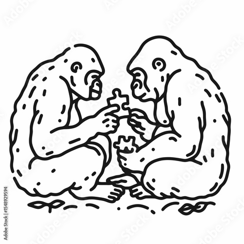 Gorilla couple Doing a puzzle. Valentine Love Romance Cupid February Clipart Line Art Vector Illustration. Great ape pair solving jigsaw task primate duo engaged in brain teaser.