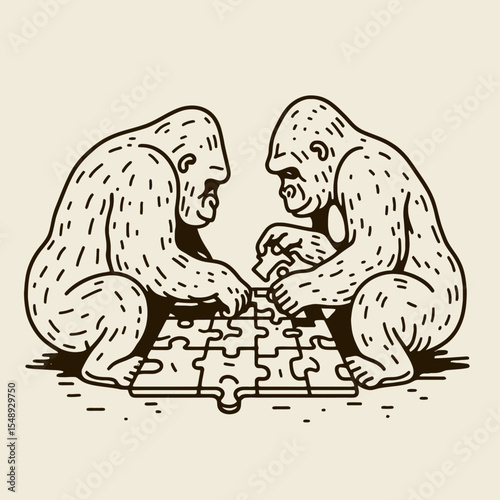Gorilla couple Doing a puzzle. Valentine Love Romance Cupid February Clipart Line Art Vector Illustration. Primate pair solving jigsaw ape duo at game wildlife team enjoyment.