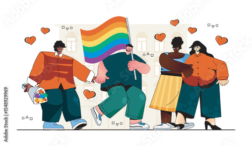 LGBTQ community concept for modern web design. People with rainbow flag at gay pride parade, happy multiracial gay and lesbian couples at event. Flat vector illustration isolated on white background.