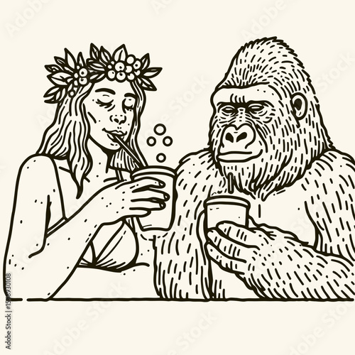 Gorilla couple Drinking coffee together. Valentine Love Romance Cupid February Clipart Line Art Vector Illustration. Primate pair enjoying brew sharing a java break caffeinated moment.