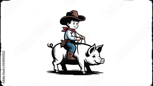 A cartoon depiction of a boy dressed as a cowboy riding on the back of a pink pig illustration