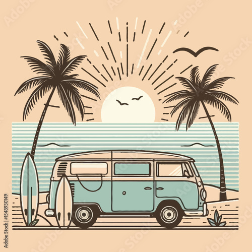 Vintage cartoon vector illustration of a car on a road traveling to a tropical island beach with palm trees, sun, and sea