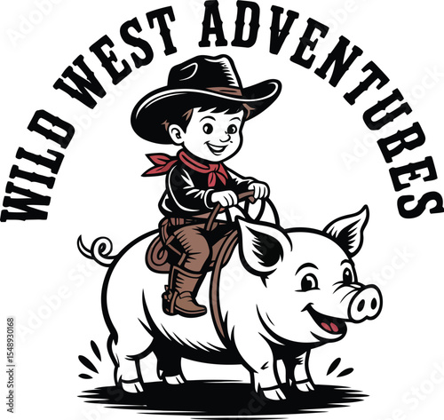A cartoon of a boy in a cowboy hat riding a pig with wild west adventures written above him in an arch