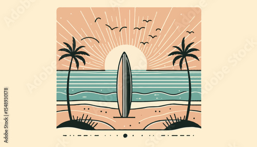 Tropical island paradise: sun-drenched beach with swaying palm trees, crystal-clear ocean waves, and a serene blue sky, perfect for a summer holiday