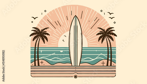 Tropical island paradise: sun-drenched beach with swaying palm trees, crystal-clear ocean waves, and a serene blue sky, perfect for a summer holiday