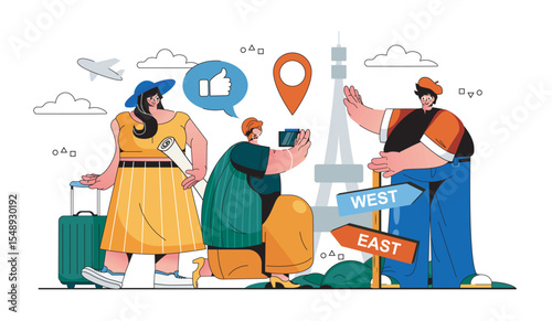 Traveling concept for modern web design. People with luggage go to vacations, flight in Europe tours, exploring new city and taking photos. Flat vector illustration isolated on white background.