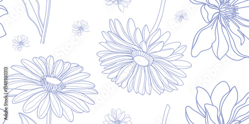 Seamless daisy flower line art pattern in soft blue, ideal for textile design, botanical wallpaper, elegant backgrounds, nature-themed packaging, and minimalist floral  projects.