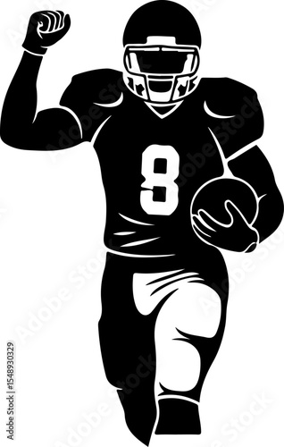A dynamic black and white illustration of a football player in a celebratory pose, holding the ball and raising his arms in triumph.