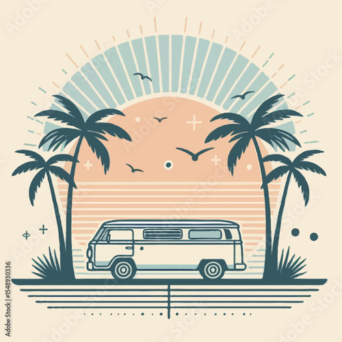 Vintage cartoon vector illustration of a car on a road traveling to a tropical island beach with palm trees, sun, and sea