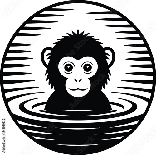 A black and white graphic design of a monkey in water inside of a circular striped border design