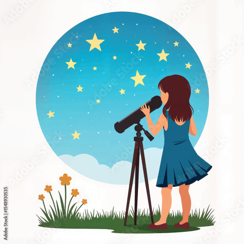 Curious girl gazing at stars through telescope, peaceful night sky